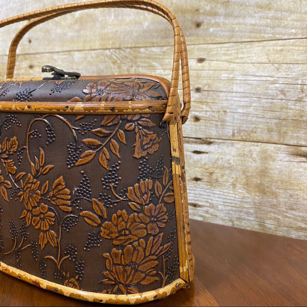 Wood purse box bag tooled floral Asian inspired small - Picture 6 of 16